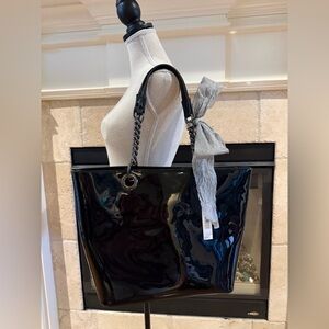 DKNY Black Patent Leather Scarf Bag Shopper Tote